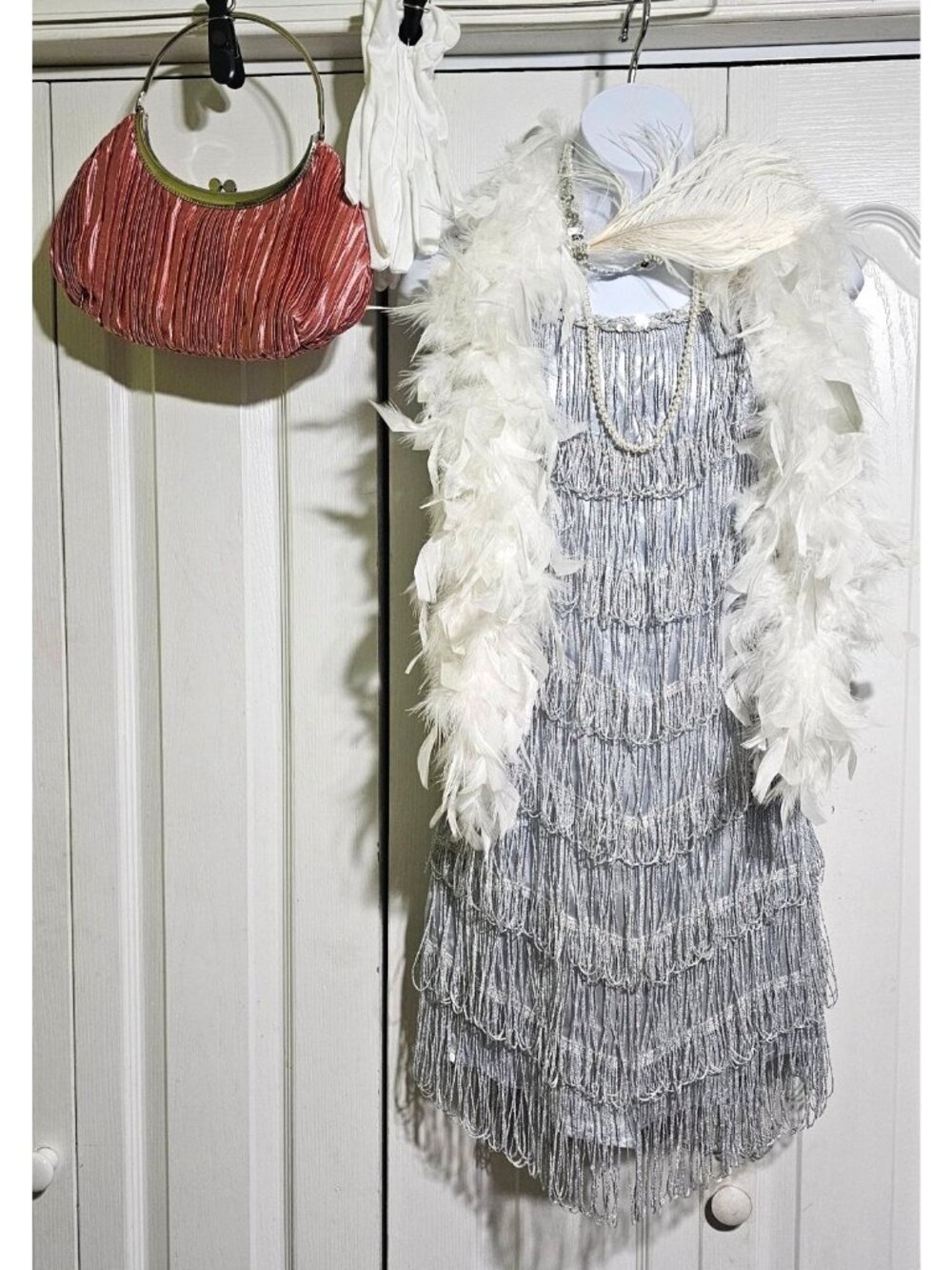 Silver Flapper Costume Girls 10-12 20s Great Gatsby Dress White Boa Gloves Pearl